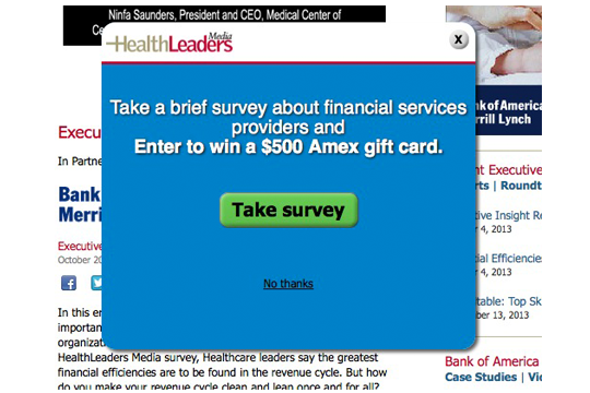 HealthLeaders Media Survey Pop-up